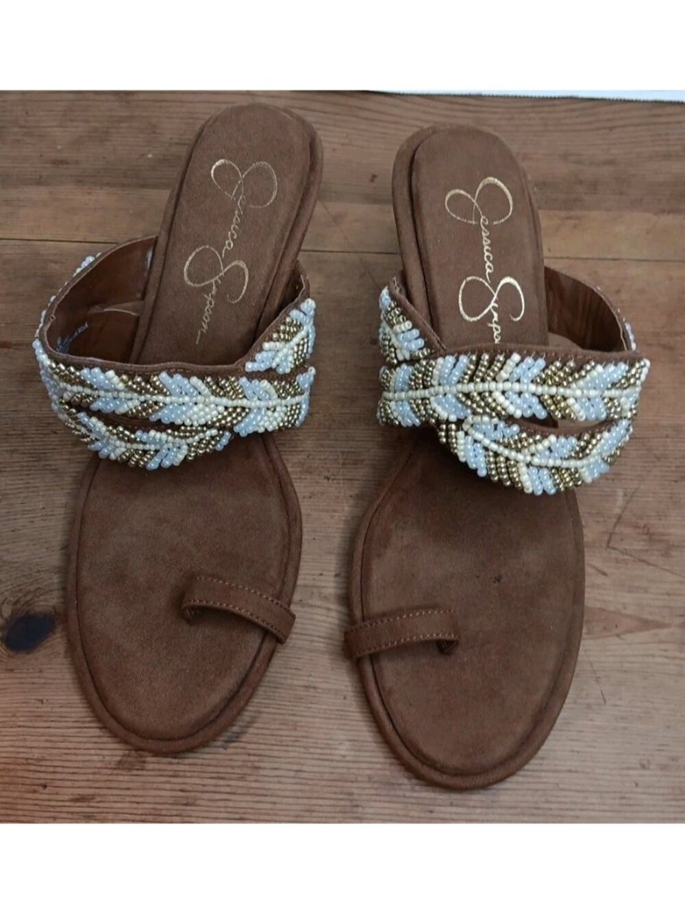 Jessica Simpson Rixei Sandal Womens 8 Brown Beaded Strappy 3.5" Heel Slip On - Picture 4 of 10
